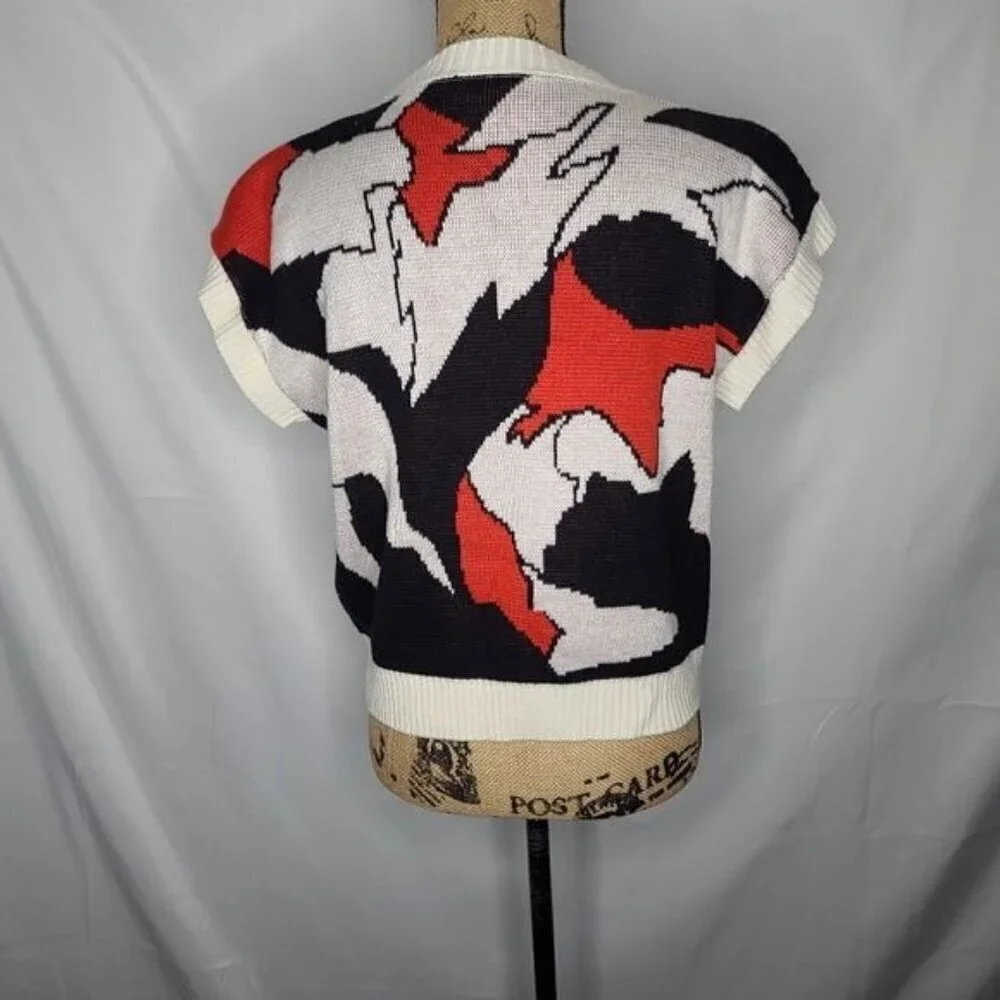 Vintage 70's Abstract Black White Red Sweater Short Sleeve Top - Picture 3 of 8